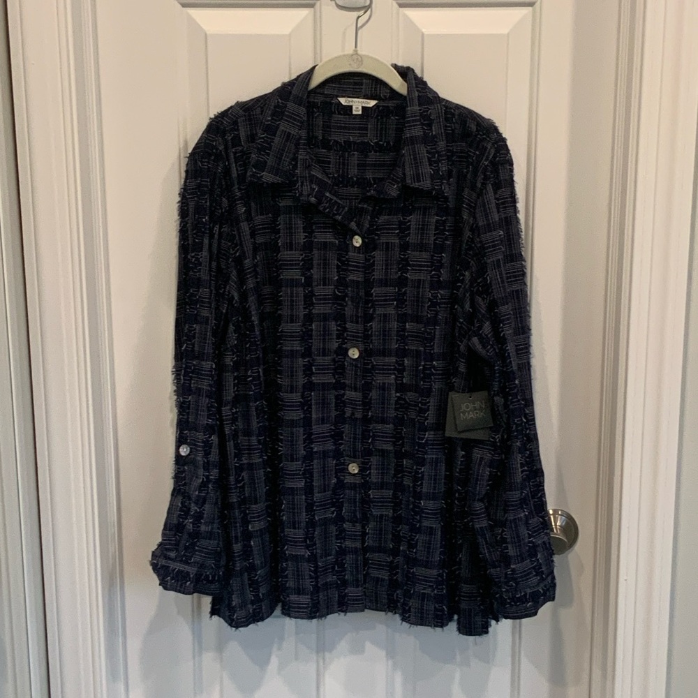 John Mark Navy Textured Plaid Shirt